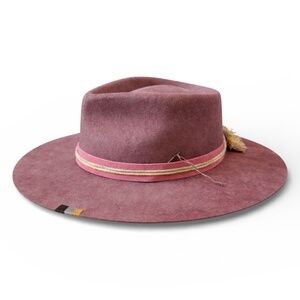 NWT RUEDIGER Rose Pink Embroidered Wide distressed Fedora Felt Hat SIZE MEDIUM